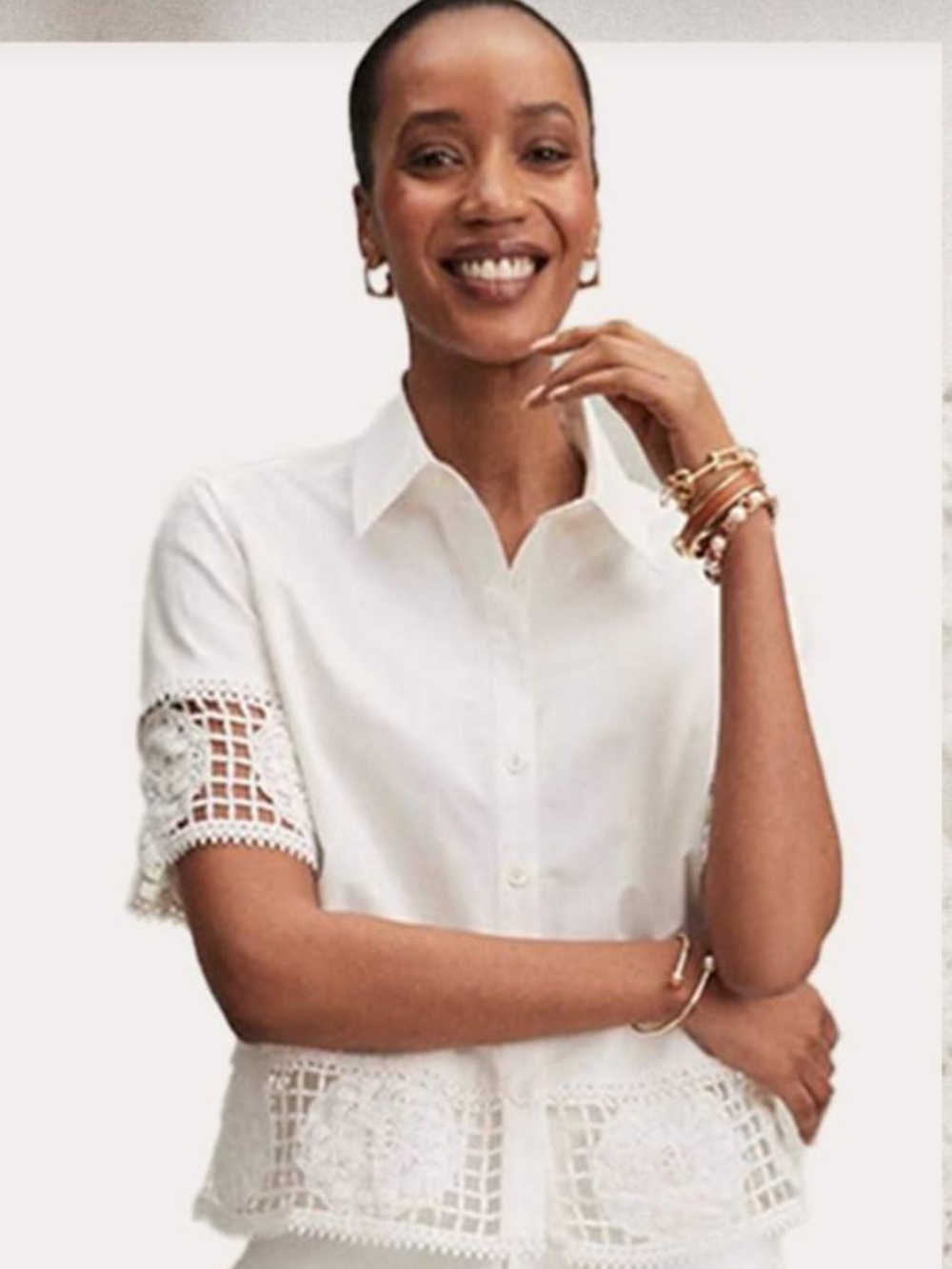 Chico's Poplin boxy cotton button front top with crochet trim
